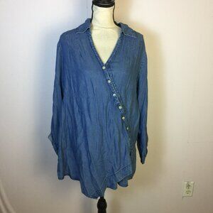 Soft Surroundings Tunic 1X Womans Plus Blue Chambray Wrap Asymmetrical Button